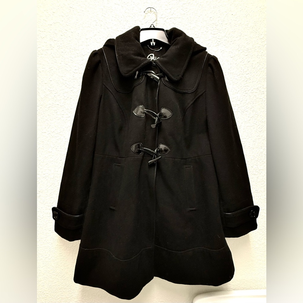GUESS Women's 1X Black Wool-blend Peacoat Hooded Jacket with Toggle Closures
